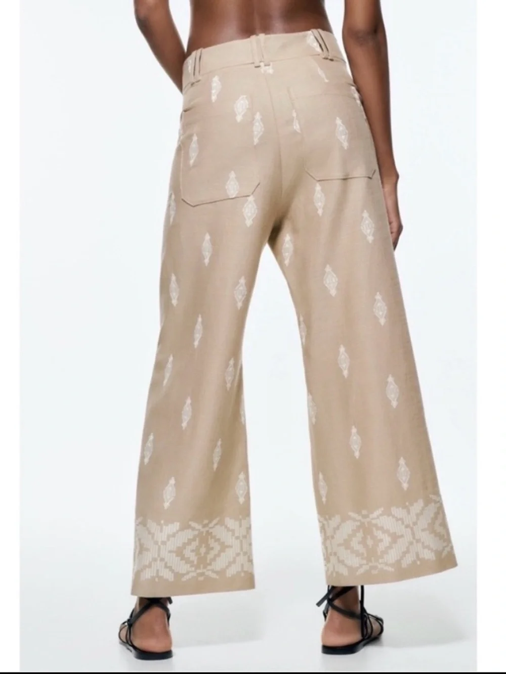 ZARA Linen Beige Patterned Wide-Leg Pants XS embroidered vacation spring summer